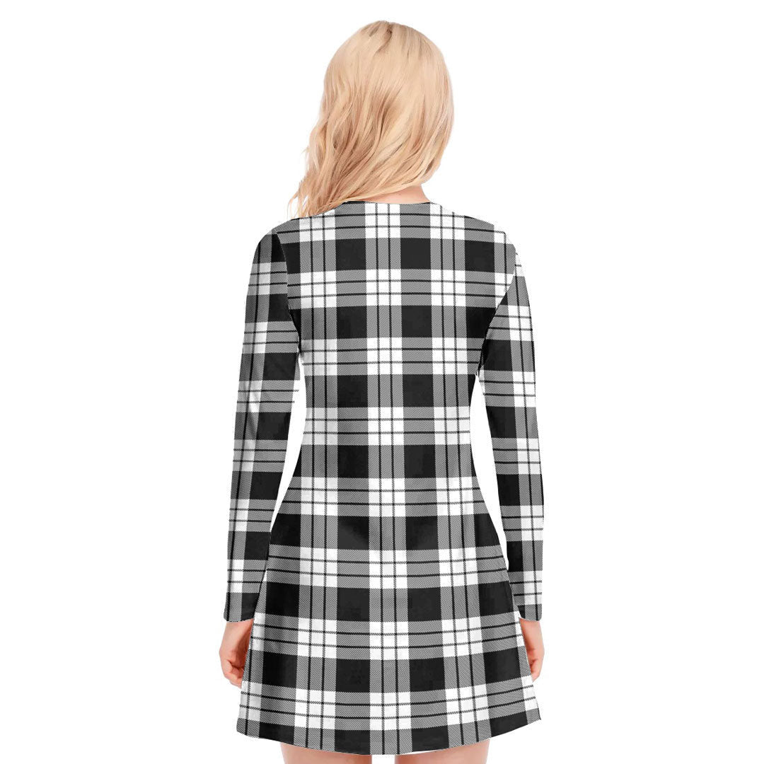 MacFarlane Black White Tartan Crest V-neck Long Sleeve Dress