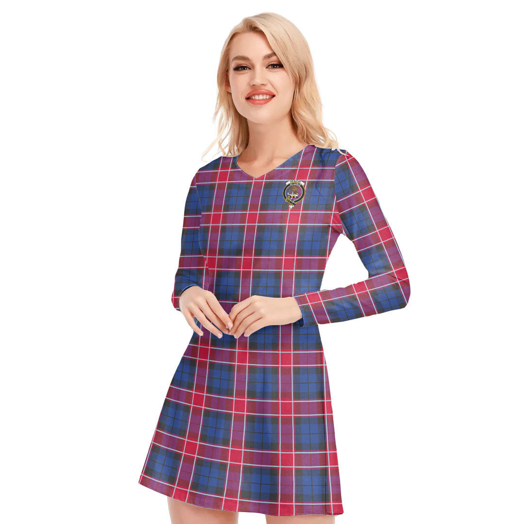 Graham of Menteith Red Tartan Crest V-neck Long Sleeve Dress