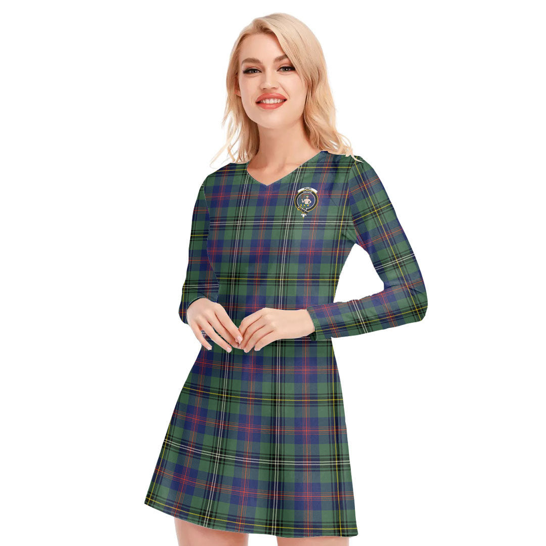 Wood Modern Tartan Crest V-neck Long Sleeve Dress