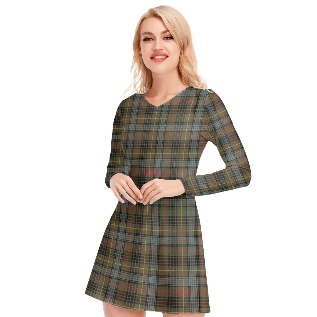Stewart Hunting Weathered Tartan Plaid V-neck Long Sleeve Dress