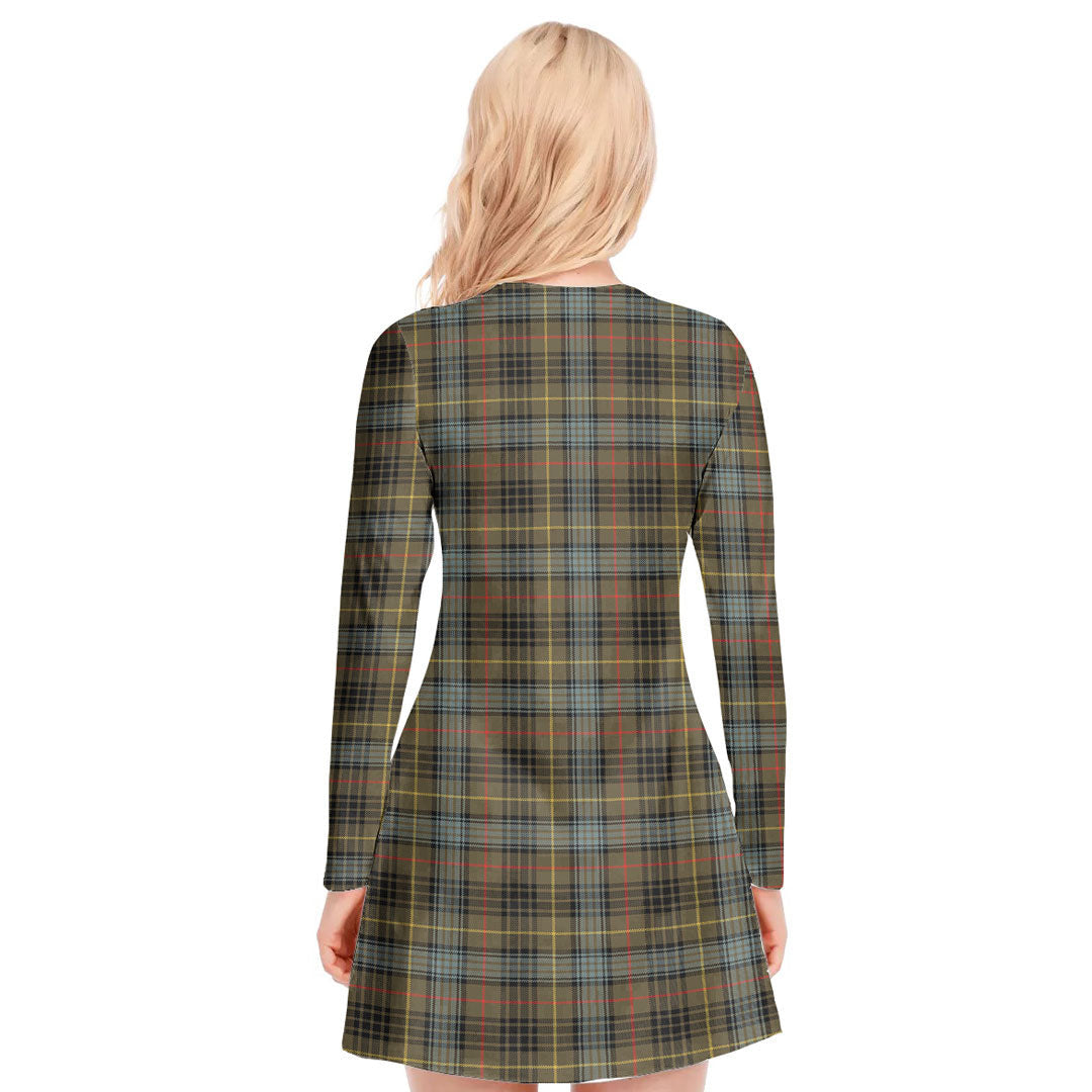 Stewart Hunting Weathered Tartan Plaid V-neck Long Sleeve Dress