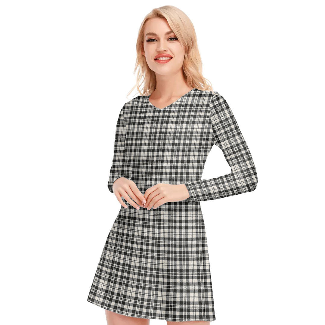 Scott Black White Ancient Tartan Plaid V-neck Long Sleeve Dress