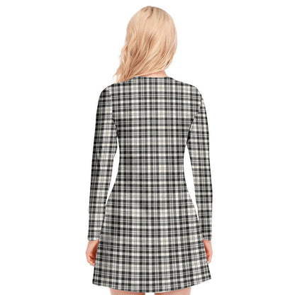 Scott Black White Ancient Tartan Plaid V-neck Long Sleeve Dress