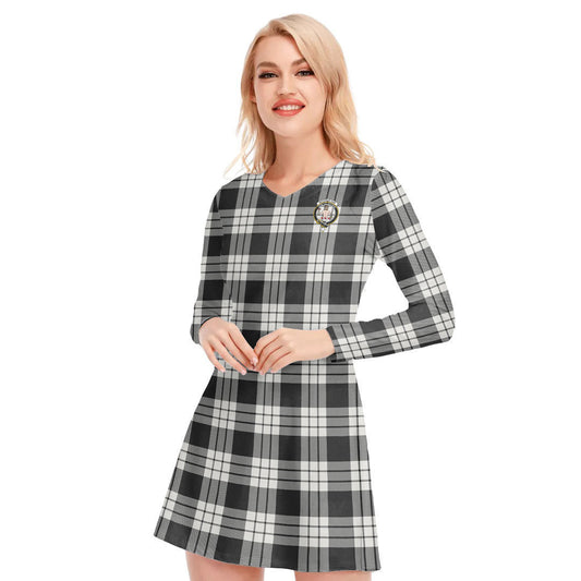 MacFarlane Black White Ancient Tartan Crest V-neck Long Sleeve Dress