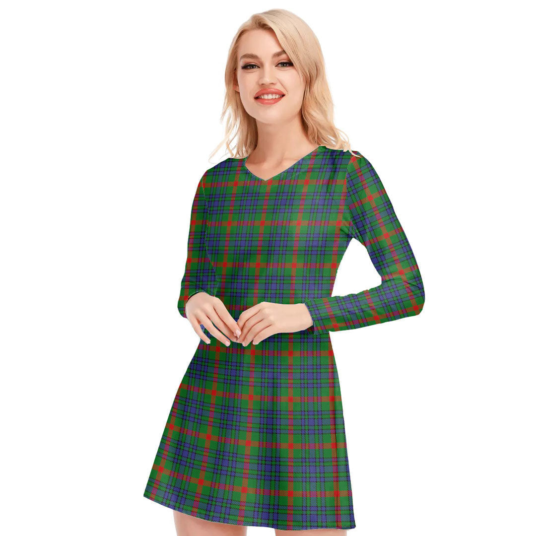 Aiton Tartan Plaid V-neck Long Sleeve Dress