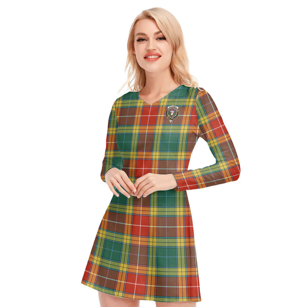 Buchanan Old Sett Tartan Crest V-neck Long Sleeve Dress