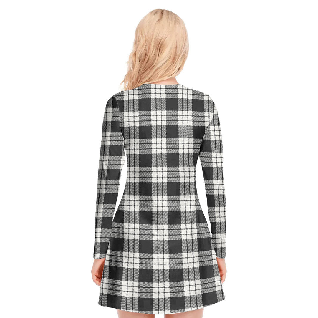 MacFarlane Black White Ancient Tartan Crest V-neck Long Sleeve Dress