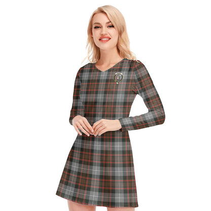 MacRae Hunting Weathered Tartan Crest V-neck Long Sleeve Dress