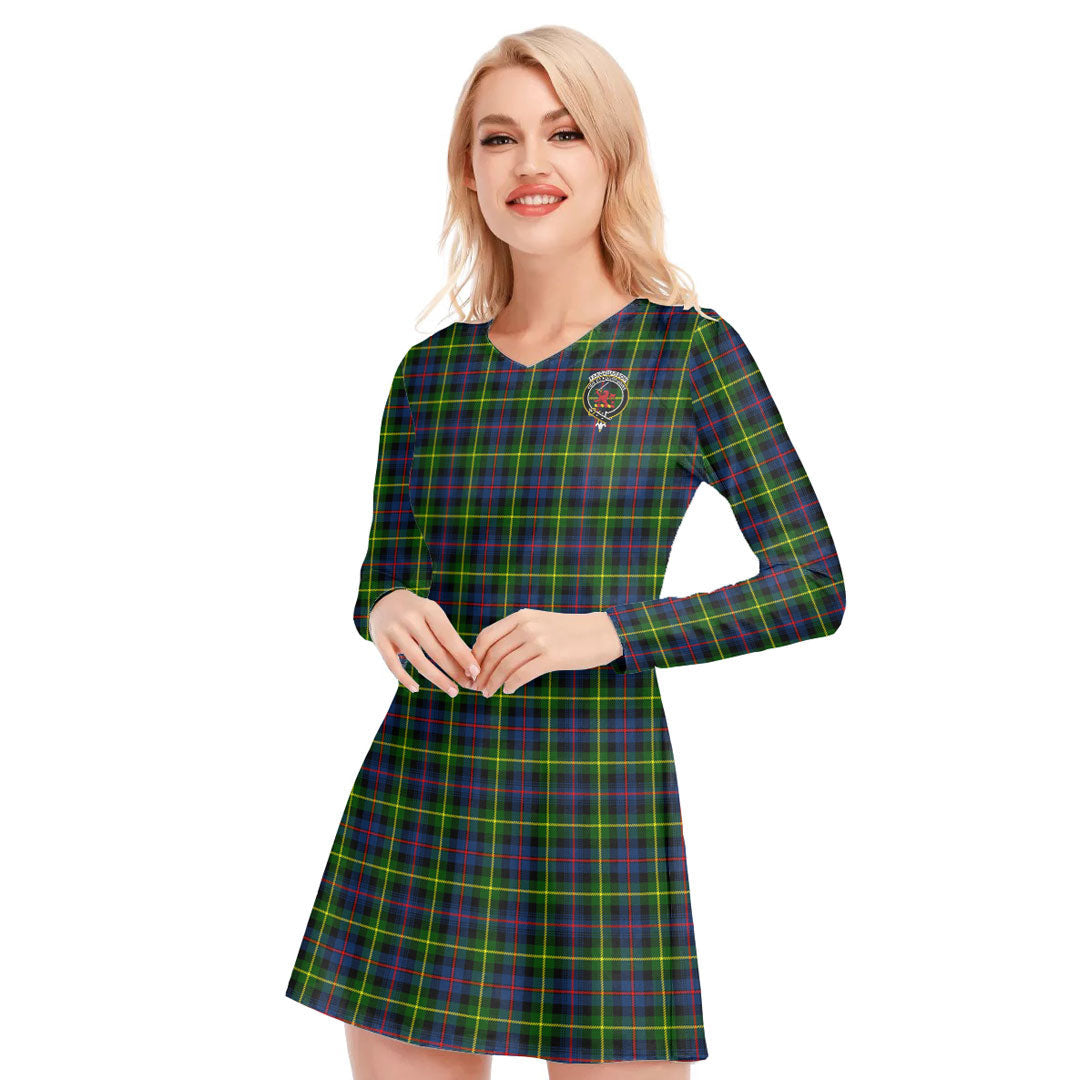 Farquharson Modern Tartan Crest V-neck Long Sleeve Dress