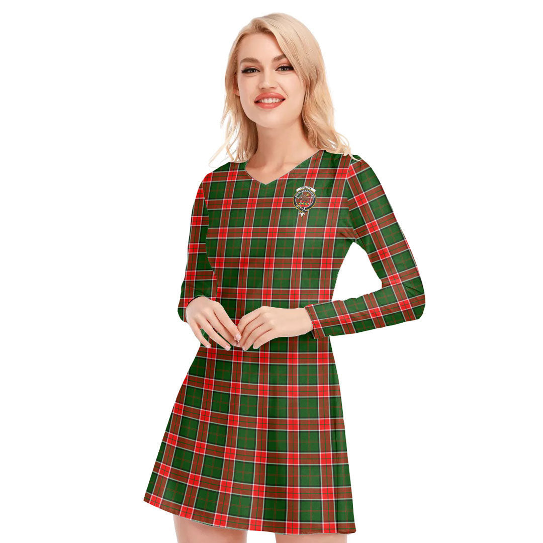 Pollock Modern Tartan Crest V-neck Long Sleeve Dress