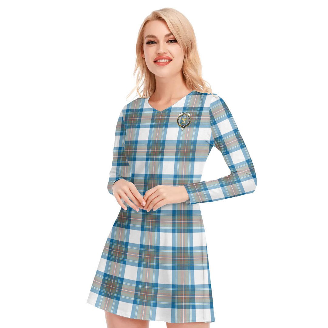 Stewart Muted Blue Tartan Crest V-neck Long Sleeve Dress