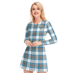 Stewart Muted Blue Tartan Crest V-neck Long Sleeve Dress