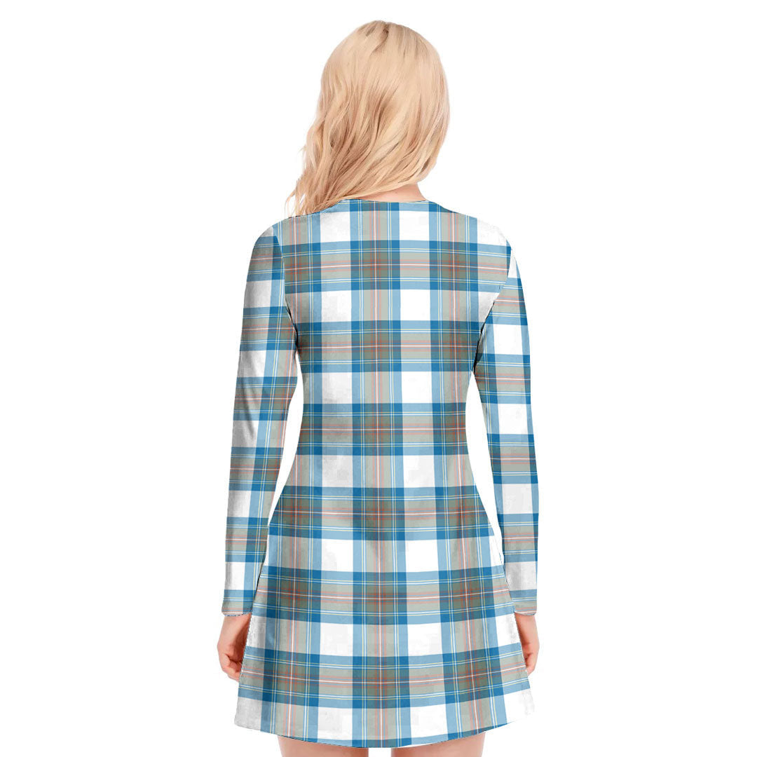 Stewart Muted Blue Tartan Crest V-neck Long Sleeve Dress
