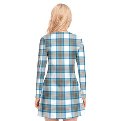 Stewart Muted Blue Tartan Crest V-neck Long Sleeve Dress