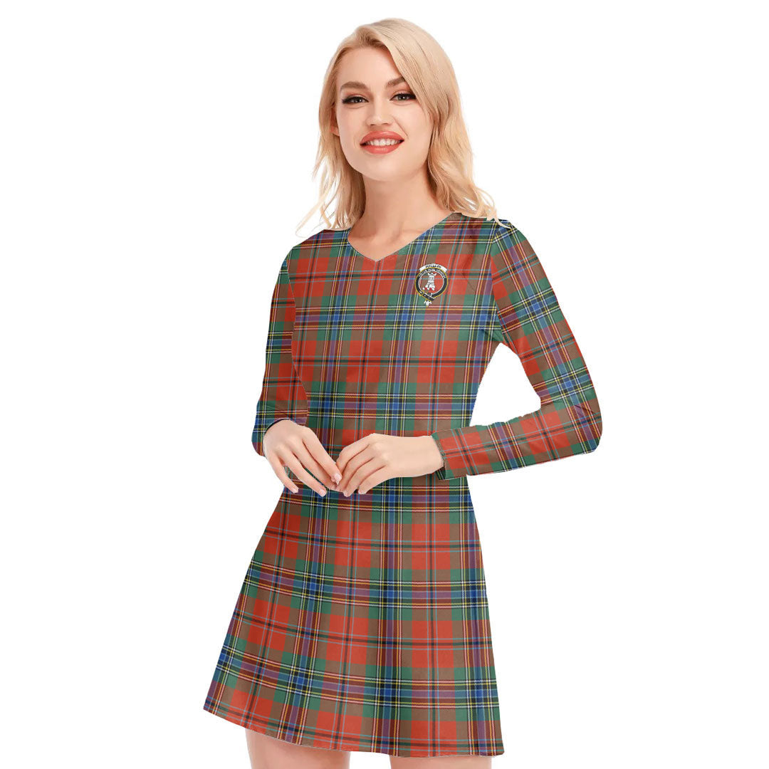 MacLean of Duart Ancient Tartan Crest V-neck Long Sleeve Dress