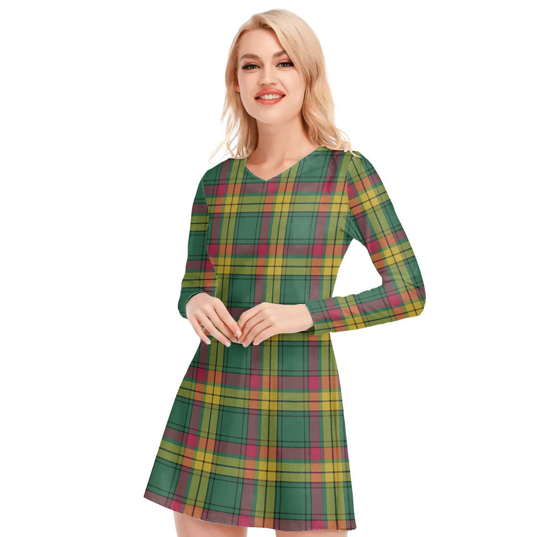 MacMillan Old Ancient Tartan Plaid V-neck Long Sleeve Dress