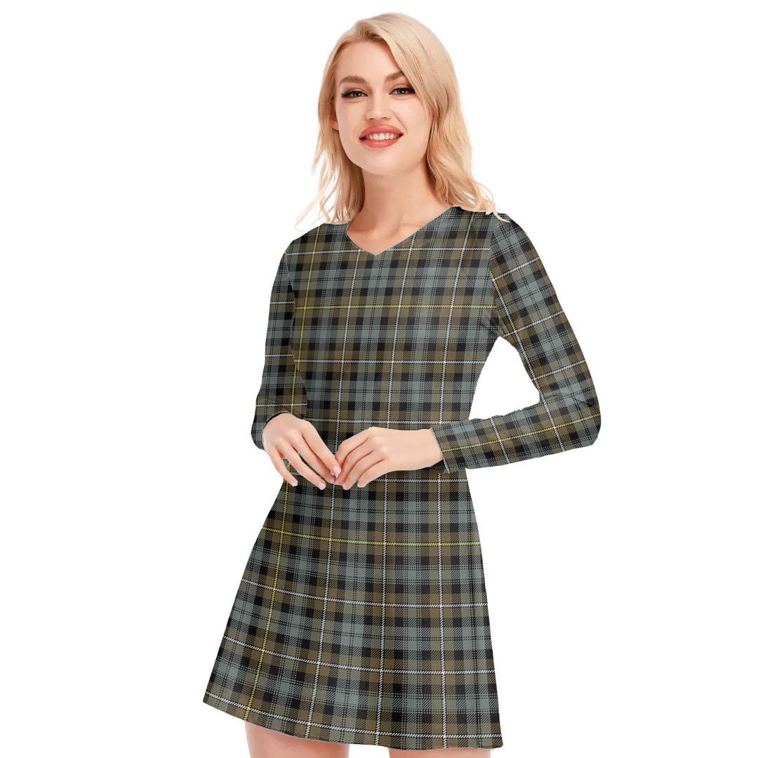 Campbell Argyll Weathered Tartan Plaid V-neck Long Sleeve Dress