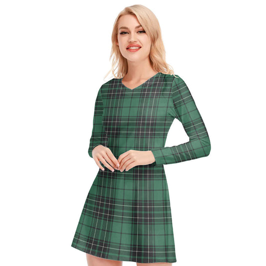 MacLean Hunting Ancient Tartan Plaid V-neck Long Sleeve Dress