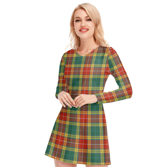 Buchanan Old Sett Tartan Plaid V-neck Long Sleeve Dress