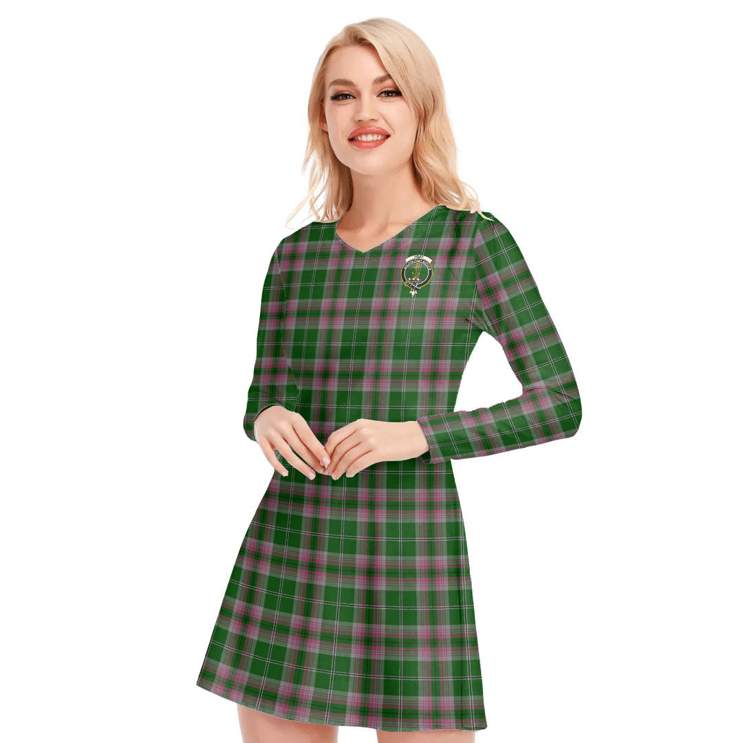 Gray Hunting Tartan Crest V-neck Long Sleeve Dress