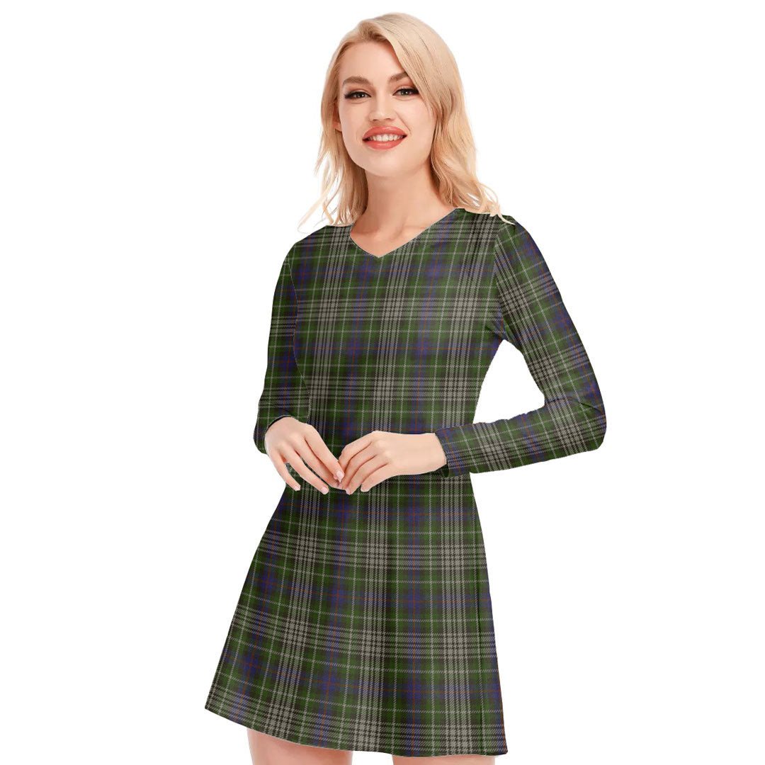 Davidson Tulloch Dress Tartan Plaid V-neck Long Sleeve Dress