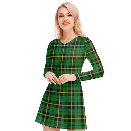 Wallace Hunting Green Tartan Plaid V-neck Long Sleeve Dress