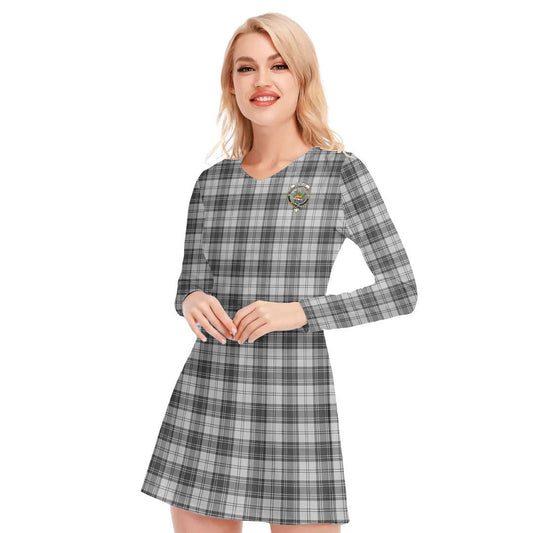 Douglas Grey Modern Tartan Crest V-neck Long Sleeve Dress