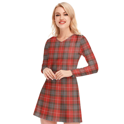 Fraser Weathered Tartan Plaid V-neck Long Sleeve Dress