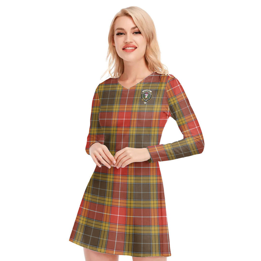 Buchanan Old Set Weathered Tartan Crest V-neck Long Sleeve Dress