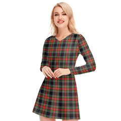 Stewart Black Tartan Plaid V-neck Long Sleeve Dress