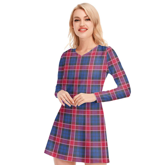 Graham of Menteith Red Tartan Plaid V-neck Long Sleeve Dress