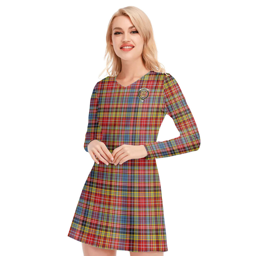 Drummond of Strathallan Tartan Crest V-neck Long Sleeve Dress