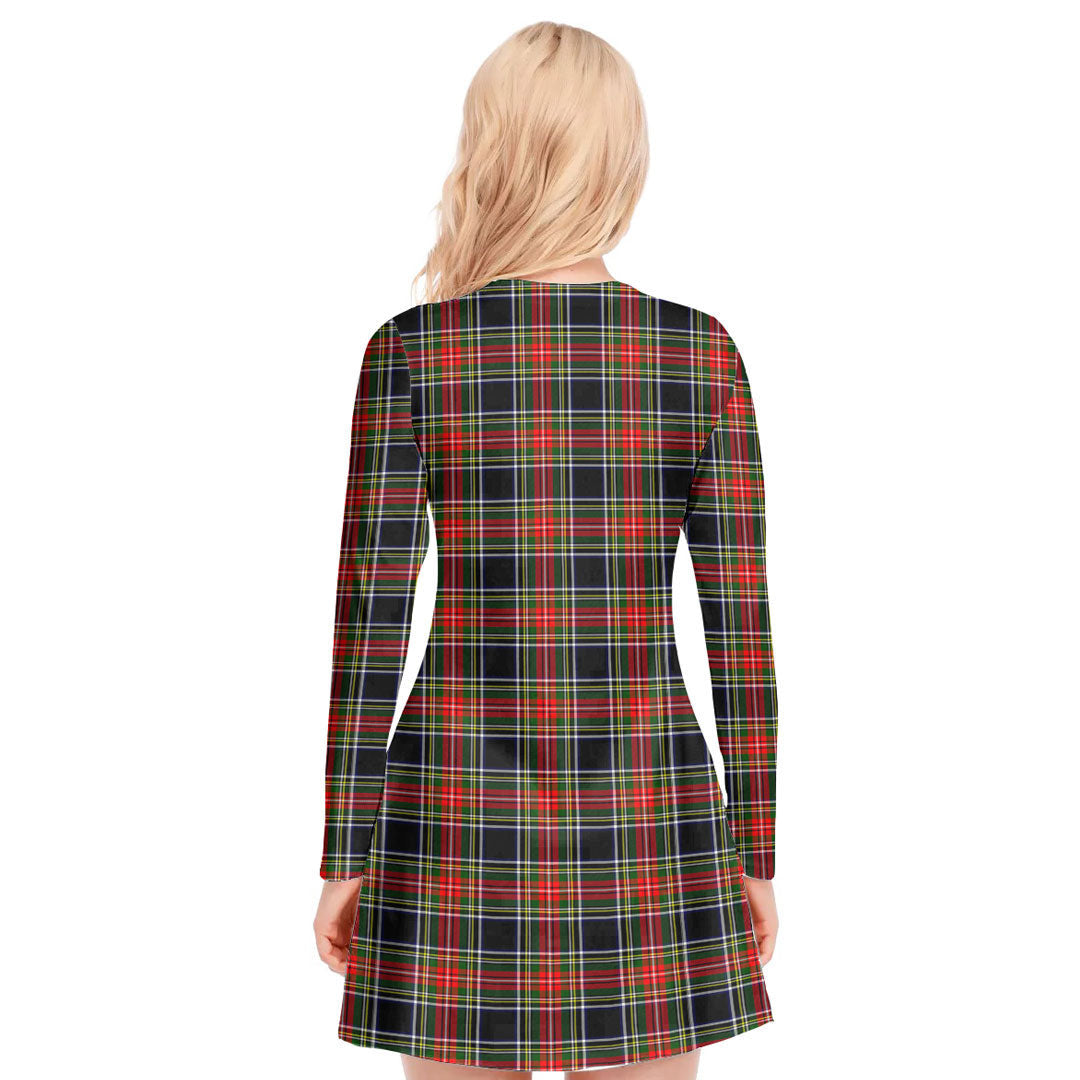 Stewart Black Tartan Plaid V-neck Long Sleeve Dress