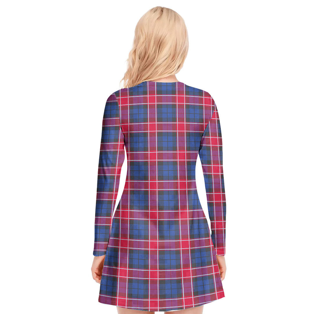 Graham of Menteith Red Tartan Plaid V-neck Long Sleeve Dress