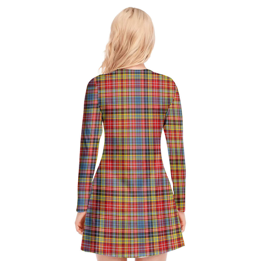 Drummond of Strathallan Tartan Crest V-neck Long Sleeve Dress