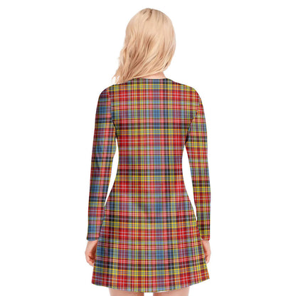 Drummond of Strathallan Tartan Crest V-neck Long Sleeve Dress