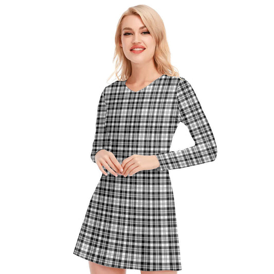 Scott Black White Modern Tartan Plaid V-neck Long Sleeve Dress