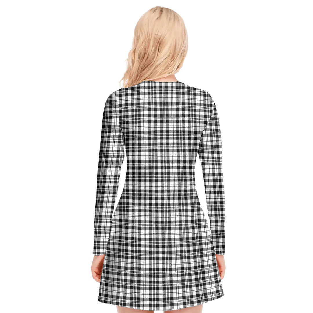 Scott Black White Modern Tartan Plaid V-neck Long Sleeve Dress