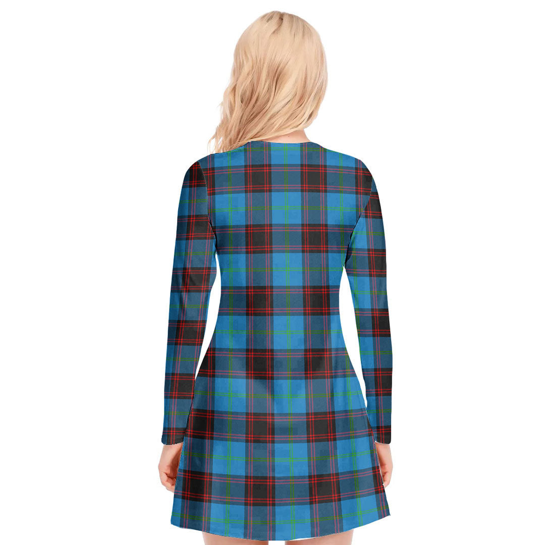 Home Ancient Tartan Plaid V-neck Long Sleeve Dress