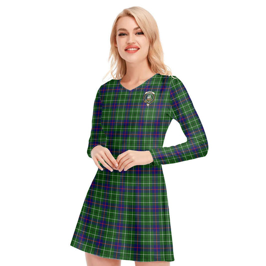 Duncan Modern Tartan Crest V-neck Long Sleeve Dress