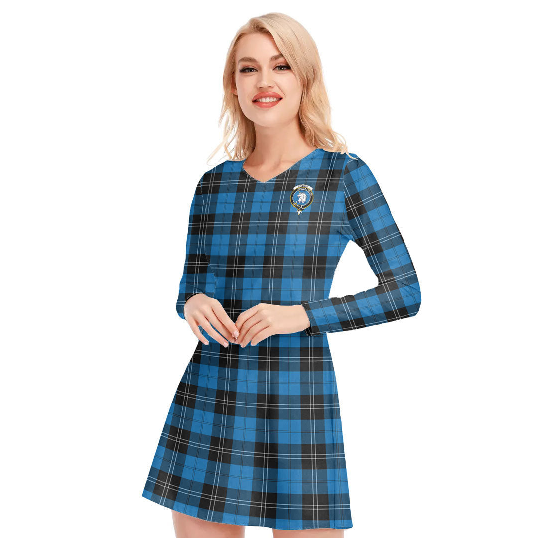 Ramsay Blue Ancient Tartan Crest V-neck Long Sleeve Dress