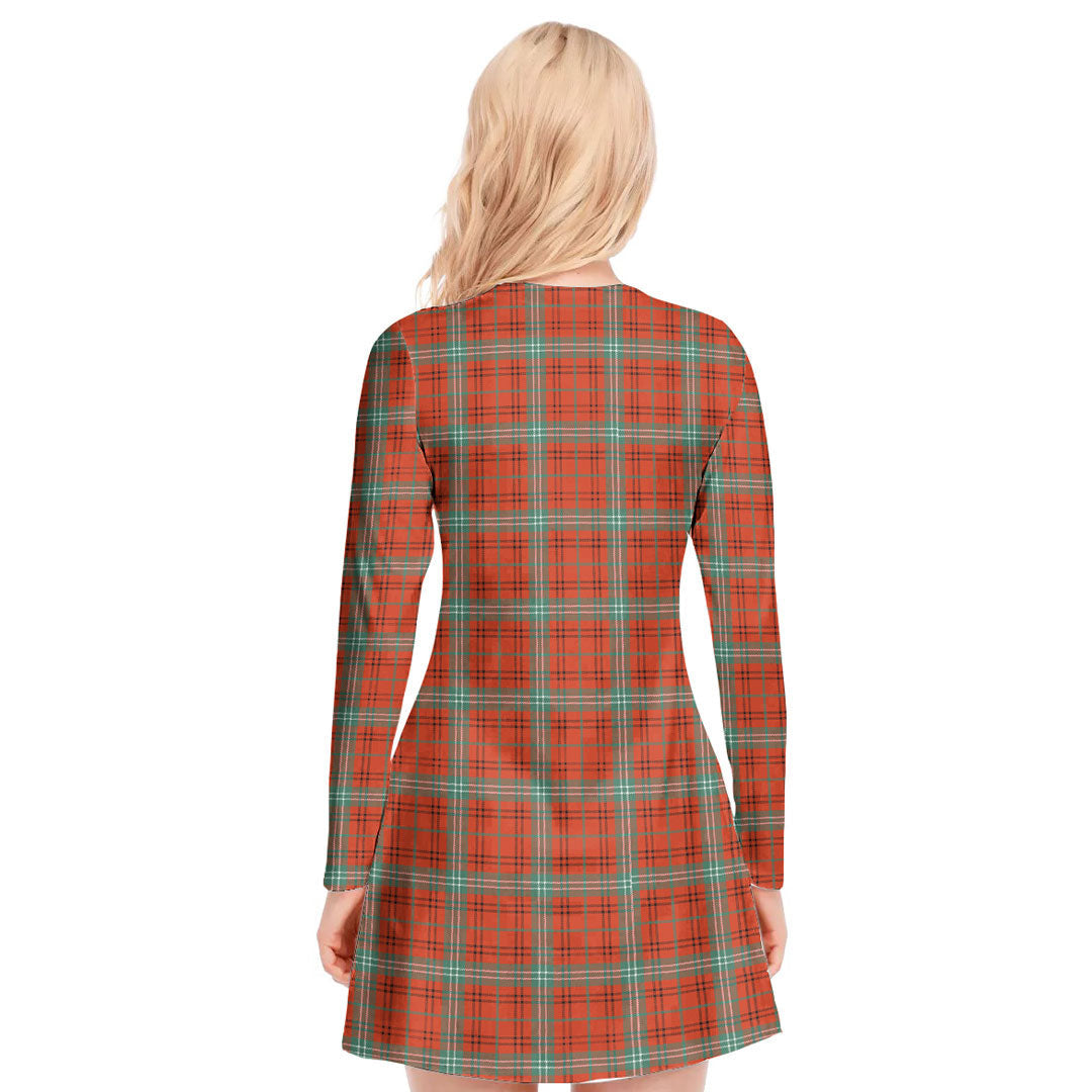 Morrison Red Ancient Tartan Plaid V-neck Long Sleeve Dress