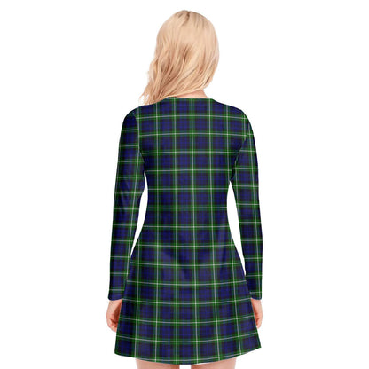 Lamont Modern Tartan Crest V-neck Long Sleeve Dress