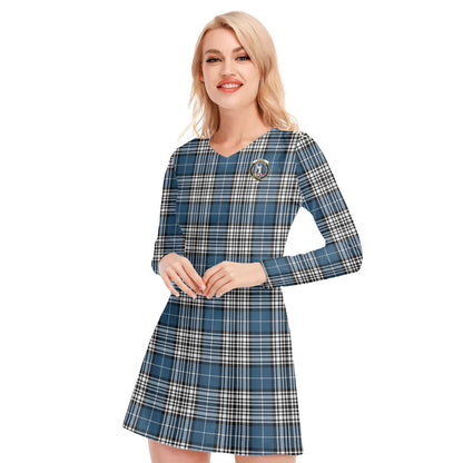 Napier Modern Tartan Crest V-neck Long Sleeve Dress