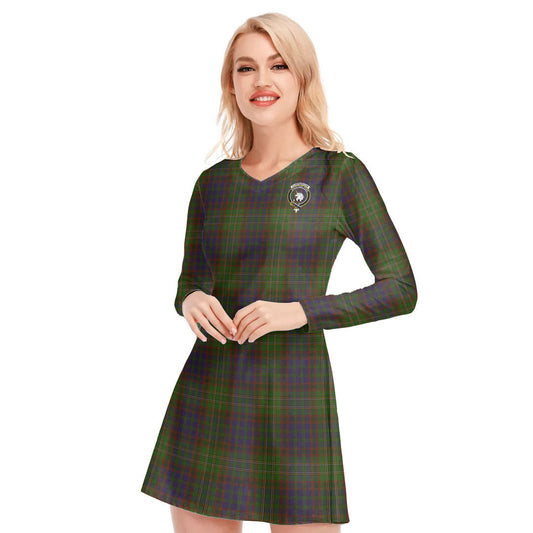 Cunningham Hunting Modern Tartan Crest V-neck Long Sleeve Dress