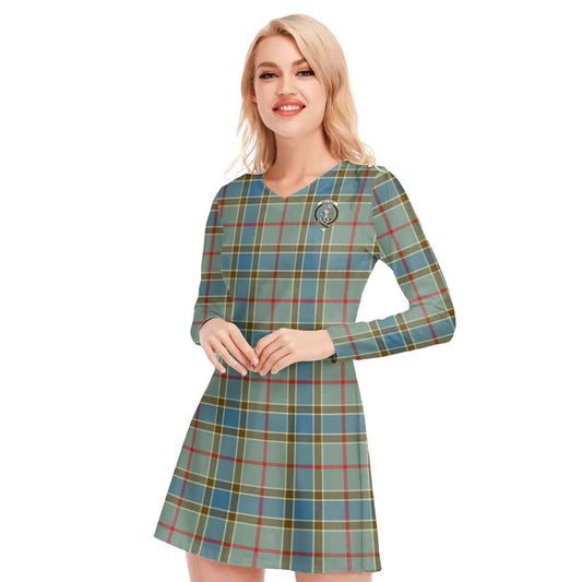 Balfour Blue Tartan Crest V-neck Long Sleeve Dress