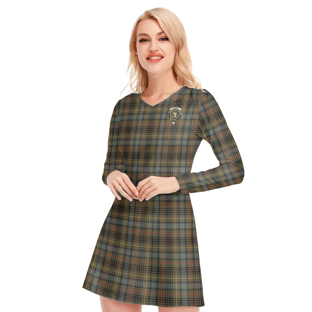 Stewart Hunting Weathered Tartan Crest V-neck Long Sleeve Dress