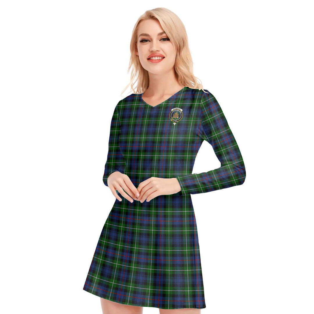 MacKenzie Modern Tartan Crest V-neck Long Sleeve Dress