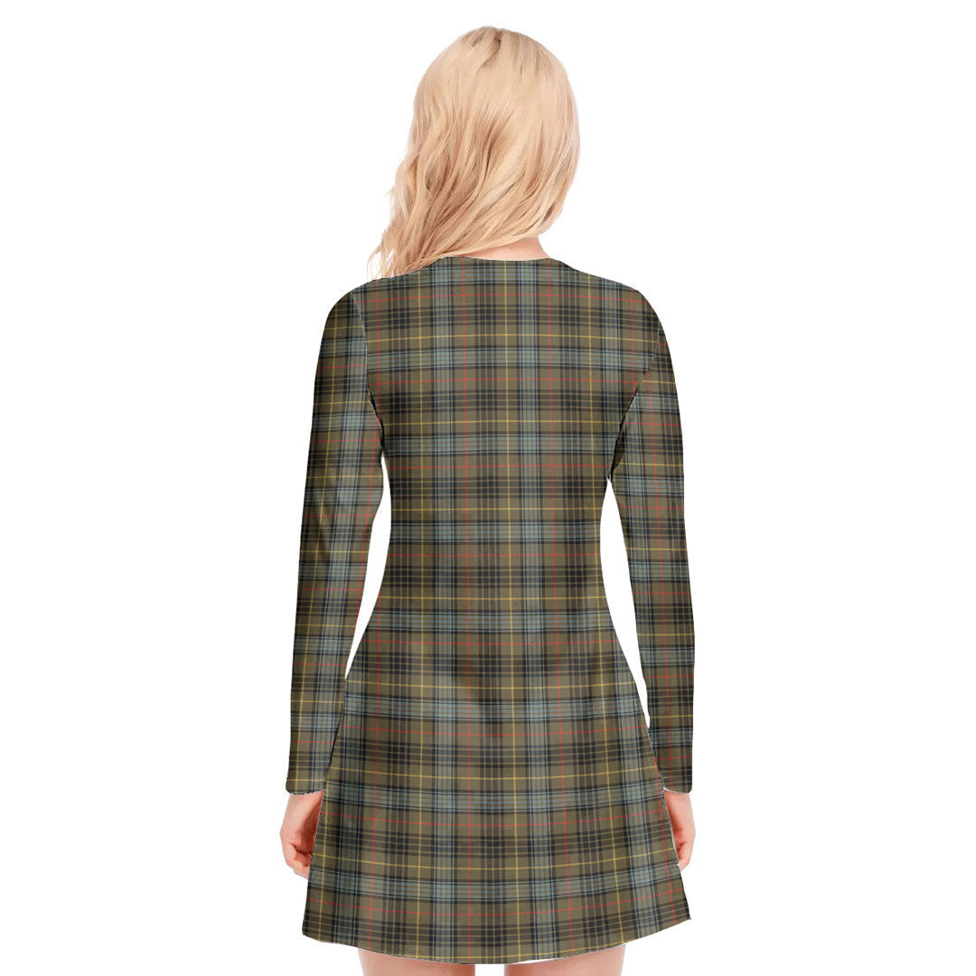 Stewart Hunting Weathered Tartan Crest V-neck Long Sleeve Dress