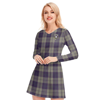 Cunningham Dress Blue Dancers Tartan Crest V-neck Long Sleeve Dress